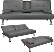 View Yaheetech Convertible Sofa Bed Adjustable Couch Sleeper Modern Faux Leather Home Recliner Reversible Loveseat Folding Daybed Guest Bed, Removable Armrests, Cup Holders, 3 Angles, 772lb Capacity, Black image 3